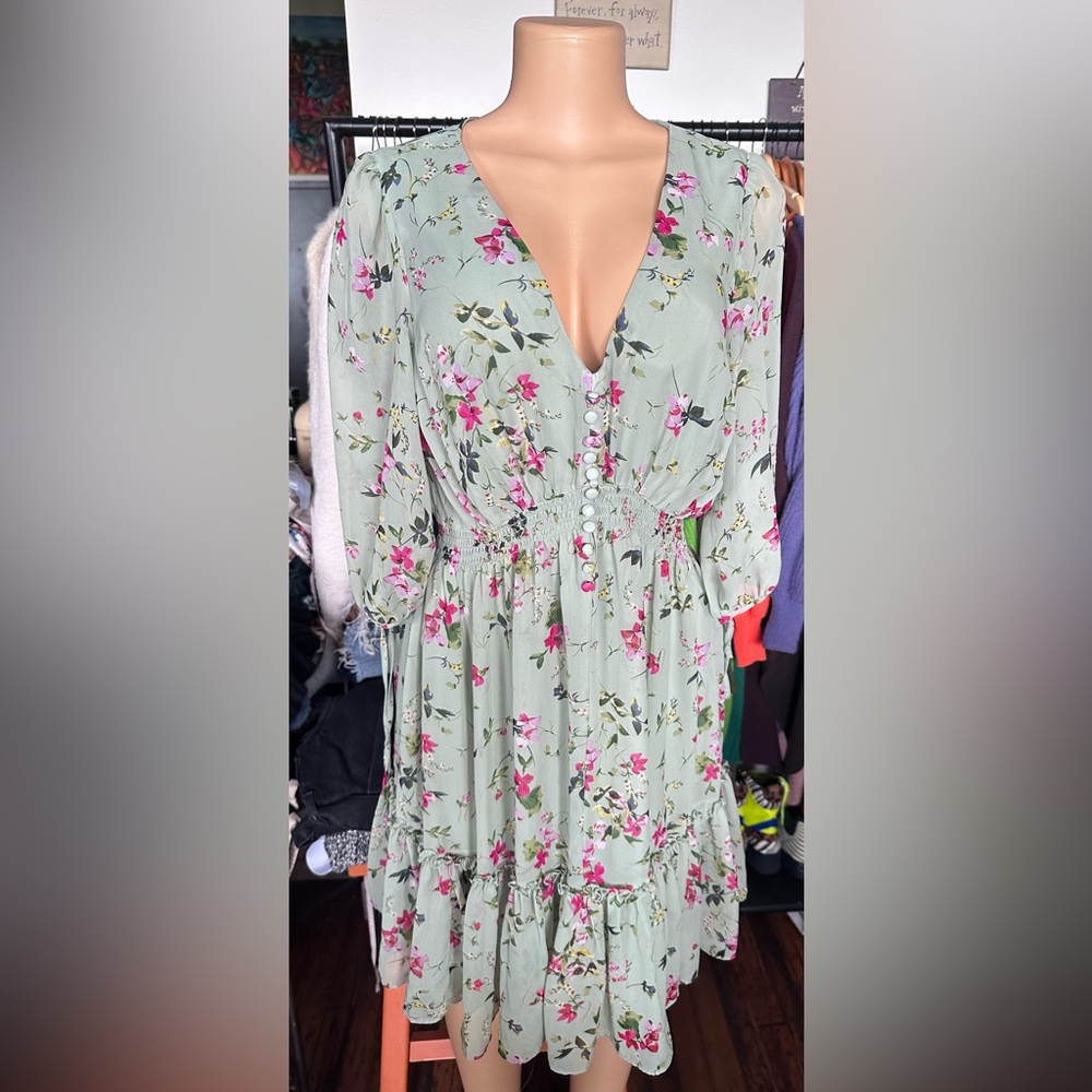 Taylor Green Ruched Sundress with Bishop Sleeves